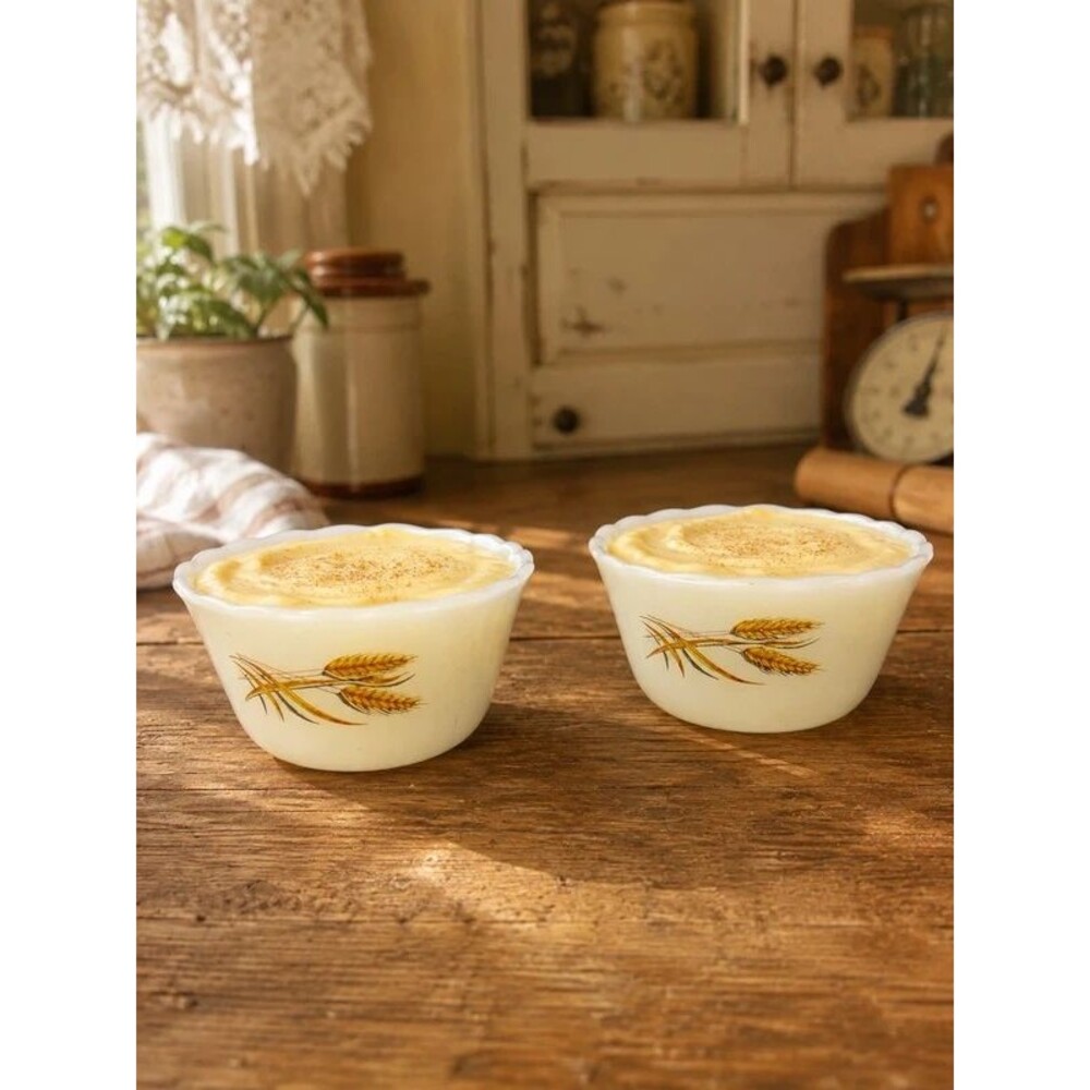 Vintage Fire-King Milk Glass Custard Cups Golden Wheat Set of 2 Scalloped Rim